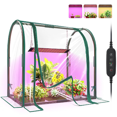 Bstrip Mini Indoor Greenhouse with LED grow lights on a desktop, 27.2-inch seed starter for indoor plant cultivation