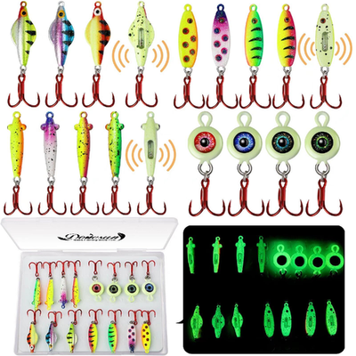 Dovesun 15PCS rattling glow ice fishing spoons kit with lifelike red lures and sharp treble hooks for bass, crappie, and panfish