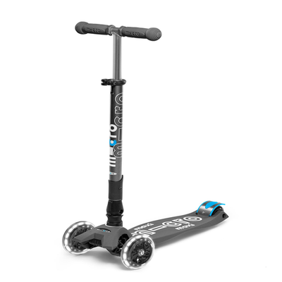 Micro Maxi Deluxe Foldable LED three-wheeled kick scooter with lean-to-steer design and adjustable handlebar.
