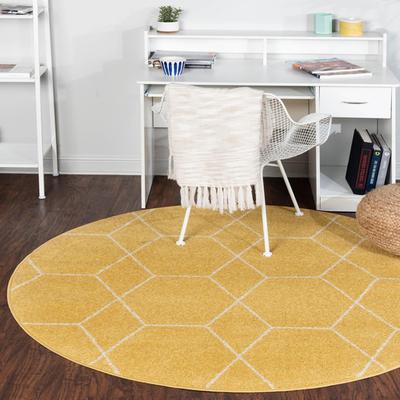 Unique Loom Trellis Frieze collection area rug with geometric yellow and gray round pattern, showcasing modern design.