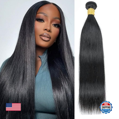 Brazilian straight human hair bundles for sew-in extensions, natural unbranded straight hair weave, shown in the image.