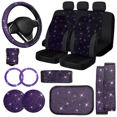 JUSEN 17PC purple leather car seat covers with diamond rhinestone bling and auto accessories set