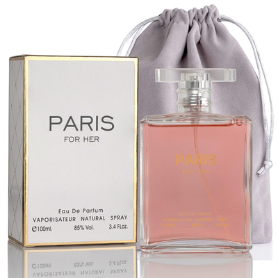 Novoglow Paris For Her Eau De Parfum spray bottle with elegant floral design, ideal for women's daytime fragrance.