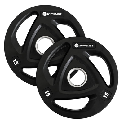 Gymenist premium Olympic rubber-coated metal weight plates for gym workouts, featuring durable black finish and detailed weight markings.