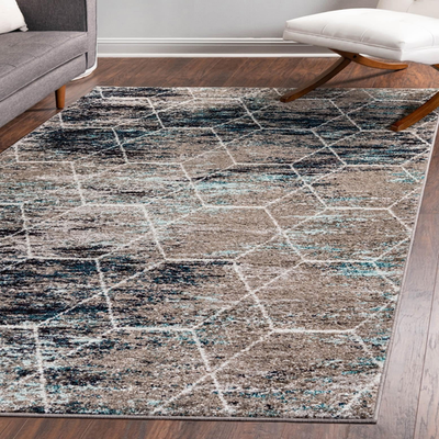 Unique Loom Trellis Frieze Collection area rug with a blue and multi-colored geometric pattern in a 4x6 size.