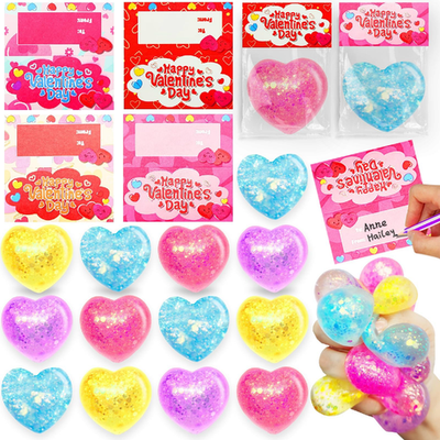 28 PK Valentines Day Gifts kids heart-shaped glitter stress balls and cards set