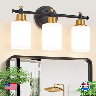 Imizdlum 3-light black and gold bathroom vanity light fixture with modern design and sleek finish for contemporary bathrooms.