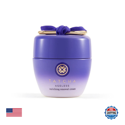 TATCHA Ageless Enriching Renewal Cream jar with cream visible, moisturizing skin cream for firmer, youthful-looking skin.