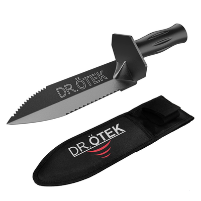Heavy-duty Dr.Ötek Dr.Tek metal detector shovel with double serrated blade for digging, made of durable metal for rugged use.
