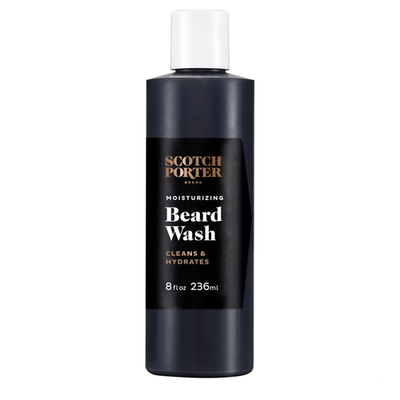 Beard wash bottle labeled Scotch Porter Moisturizing Beard Wash, designed to cleanse, hydrate, and soften coarse, dry beards.