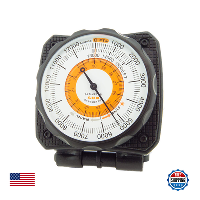 Sun Company Altilinq dashboard altimeter and barometer for car, showing altitude and atmospheric pressure readings.