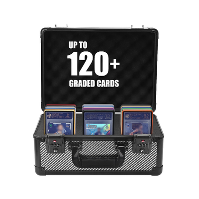 ZINHO graded sports card storage box with lock, waterproof trading card case, durable plastic container for collectible cards.