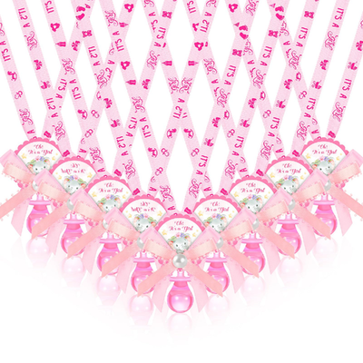 Remuuly 60 pink elephant acrylic pacifier necklace for babies, baby shower party favor with colorful elephant design on a pink background.
