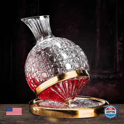 Jarler wine decanter set with a spinning crystal red wine decanter and matching carafe, featuring a football-shaped design.