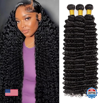Deep wave human hair bundles by Cuzuzu in 22, 24, 26 inches, featuring 12A quality, natural deep wave texture, unbranded.