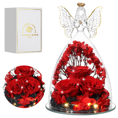 Tiaronics Preserved Rose Angel Figurine with three crystal red roses in glass for women's romantic gift