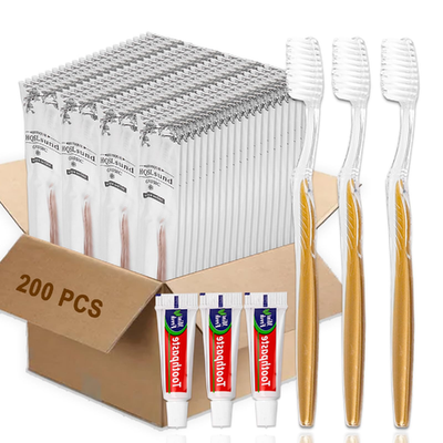 HQSLsund 200 pack disposable gold toothbrushes with toothpaste individually wrapped for travel and hygiene