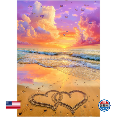Kidsu 1000-piece romantic heart and beach sunset jigsaw puzzle for adults, featuring vibrant sunset and seaside scenery.