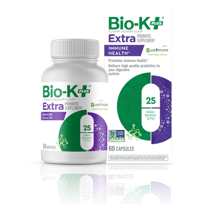 Bio K+ Vegan Probiotics supplement bottle with label showing 25 billion CFUs and Wellmune for immune health, from Bio-K Plus.