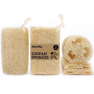 Miw Piw natural loofah sponge 4-pack for exfoliating body bath and dish scrubbing, eco-friendly kitchen scrubber.