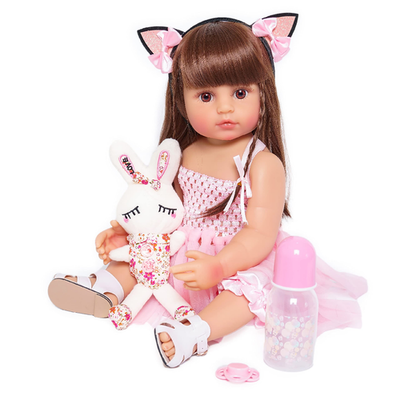 MNMJ 22 inch lifelike reborn baby doll with silicone vinyl body and pink lace dress