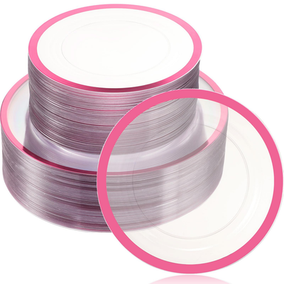 Wesiti 100-Pcs Clear Plastic Plates with pink rim, 50 plates 10.25" and 50 plates 7.5", disposable and durable dinnerware set