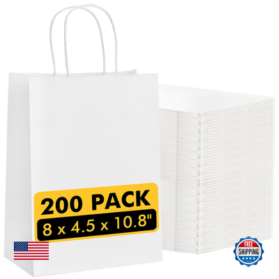 White paper gift bags with handles, medium size 8x4.5x10.8 inches, bulk pack of 200 RACETOP racetop paper bags