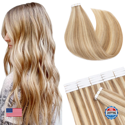 Blonde highlighted human hair tape-in extensions with 20 pieces, 14 inches long, totaling 40g, displayed in a row.