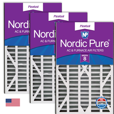 Unbranded Nordic Pure 16x25x3 MERV 8 air filter showing the actual size 15 13/16 x 24 5/16 x 3 for Trion Air Bear HVAC system