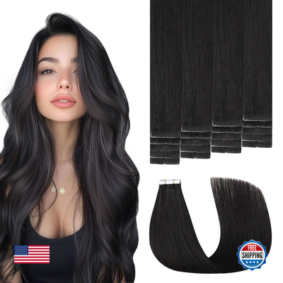 Natural black Sweetmet Injection Tape-in Hair Extensions in human hair, showcasing smooth, seamless extension strands.