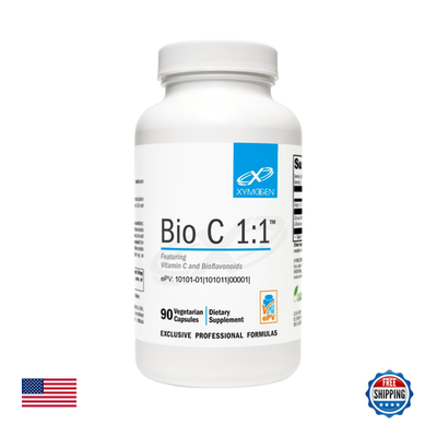 Bottle of Xymogen Bio C 11 vitamin C supplement with citrus bioflavonoids, designed to support immune health.