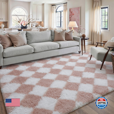 Hugear checkered pink and white shag rug for living rooms, soft and fluffy 5x7 modern area rug with a plush texture.
