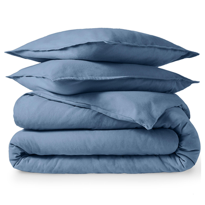 Bare Home king flannel duvet cover set in soft 100% cotton with a velvety, heavyweight feel, shown in a cozy bedroom setting.