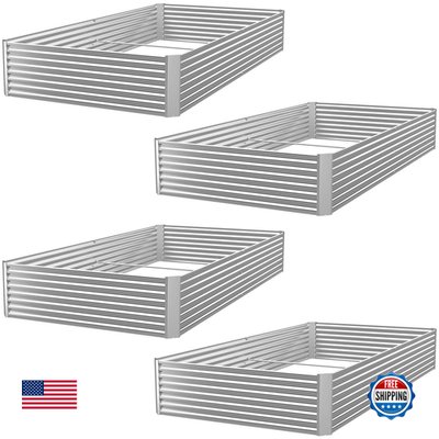 Four galvanized raised garden bed corners with connecting panels, suitable for outdoor above ground gardening.