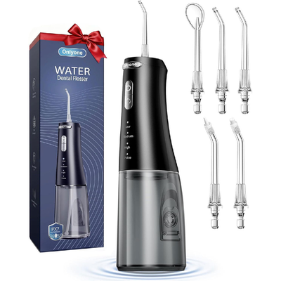 Onlyone 300ML portable water dental flosser with 4 pressure settings and 5 tips for deep oral cleaning