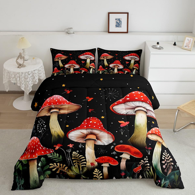 Feelyou Kids Mushroom red full comforter set with soft microfiber and modern botanical design
