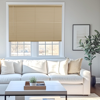 Chicology mini vinyl blinds for indoor windows, 30W x 72H, in cappuccino color with horizontal slats, ideal for light control and privacy.