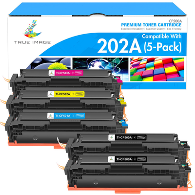 True Image HP 202A CF500A color toner cartridge replacement, showing the vibrant multicolor toner cartridge for laser printers.