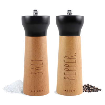 Rae Dunn bamboo salt and pepper grinder set with adjustable coarseness, 6 inches tall, black modern design
