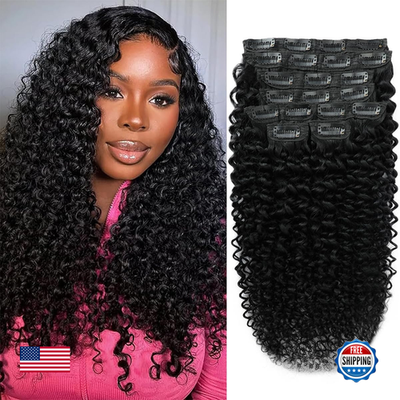 Aqifai 22-inch kinky curly clip-in human hair extensions, 8-piece set with 20 clips, featuring 3C and 4A curly textures.