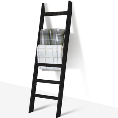 TEAKMAMA 5.4 FT black pine wood 6-tier blanket ladder with hooks for wall leaning