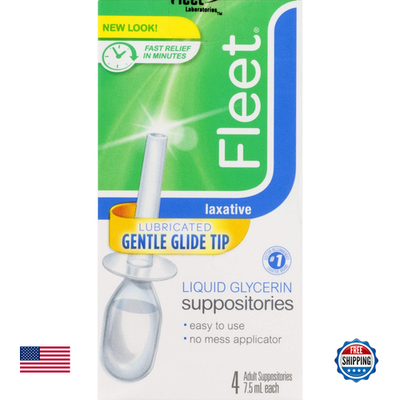 Pack of 24 liquid glycerin suppositories from C.B. Fleet Company, unbranded, showing the individual suppositories in blister packs.