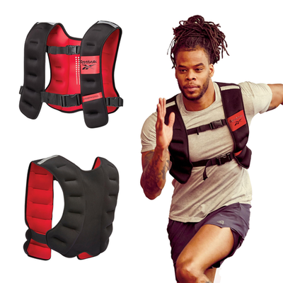 Reebok 20lb adjustable weighted vest for strength training and Crossfit, with padded straps and multiple weight compartments.