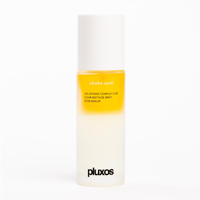 PLUXOS 47 SPF 47 Peach Face Mist Spray broad spectrum vegan sunscreen bottle