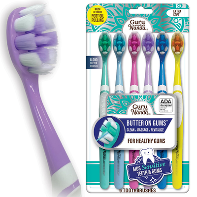 GuruNanda Butter On Gums Toothbrush with 8000+ ultra-soft Softex bristles, ADA accepted for sensitive gums, ergonomic rubber handle, multicolor design