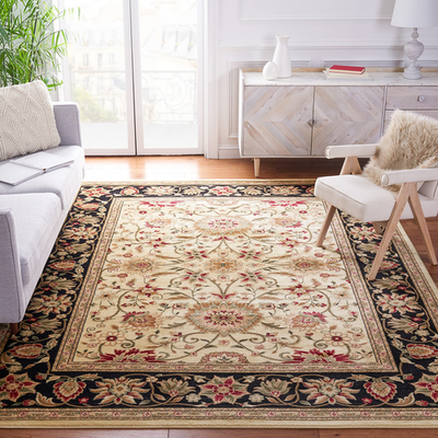 Safavieh Lyndhurst traditional area rug in ivory and black, 8x10 size, with intricate pattern and classic design.