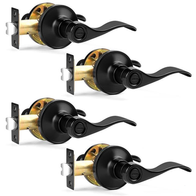 Set of four black Probrico privacy door handles for bathrooms and bedrooms, featuring lever style for easy operation.
