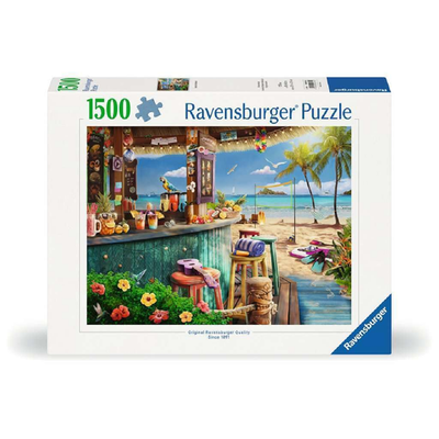 Ravensburger Beach Bar Breezes 1500-piece jigsaw puzzle featuring a colorful tropical tiki bar and palm trees