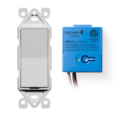 Wireless single-pole on/off switch and receiver kit with decorator-style design, shown with switch and receiver unit.