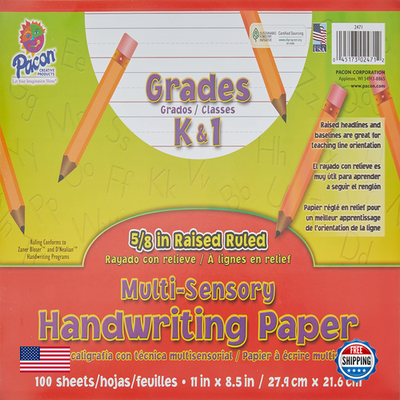 Pacon 2471 multi-sensory raised ruled paper in 11x8.5 inches with 100 sheets, featuring textured lines for tactile learning.
